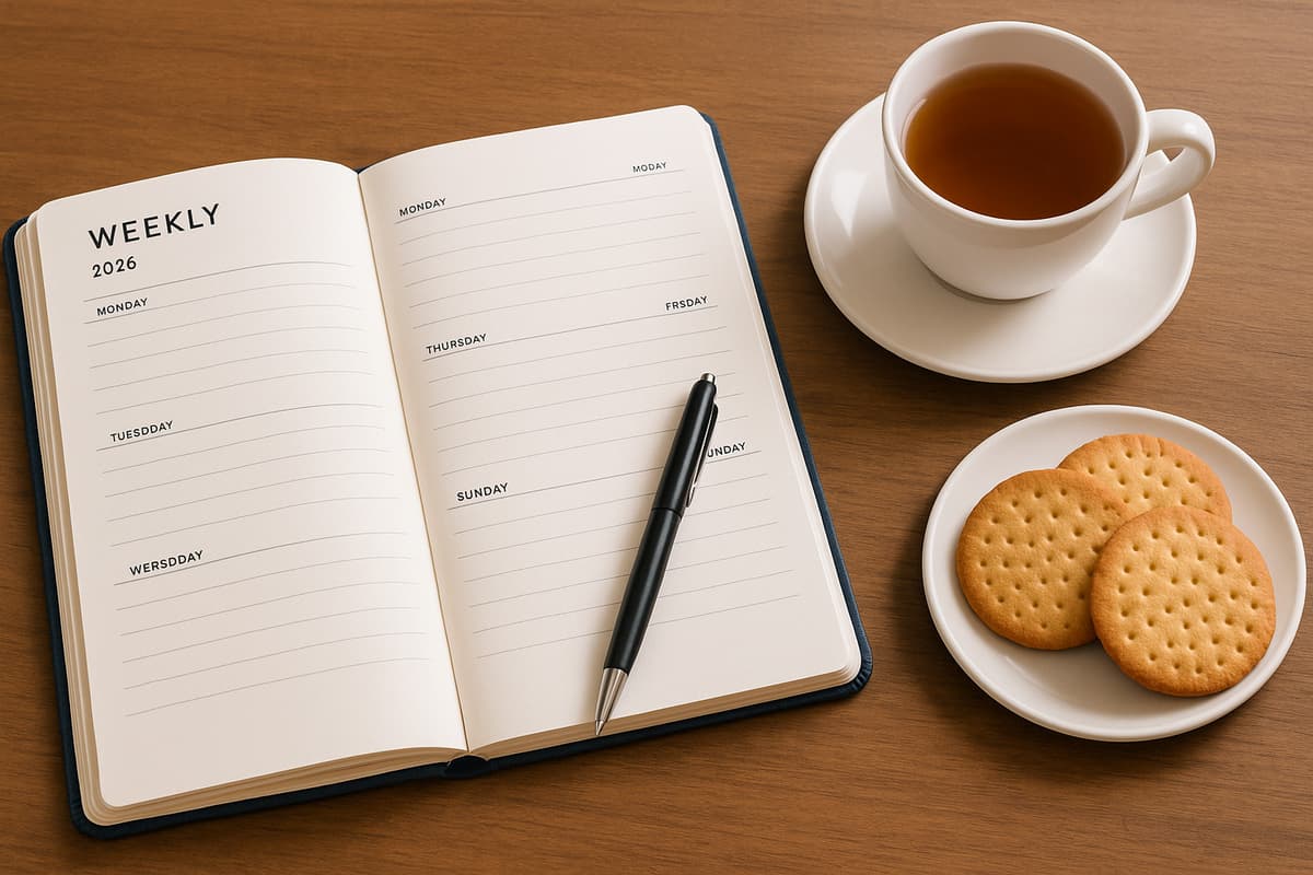 Agenda aperta sulla scrivania con penna e tazza