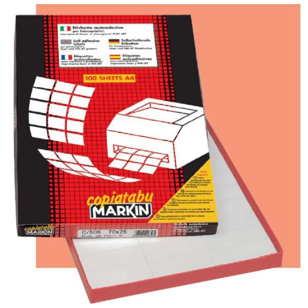 Etichette bianche permanenti, prodotto CF100 di Markin, misura 199,6 x 289,1 mm con angoli arrotondati, 1 etichetta per foglio, confezione da 100 fogli. 8007047021502 | initpc.it