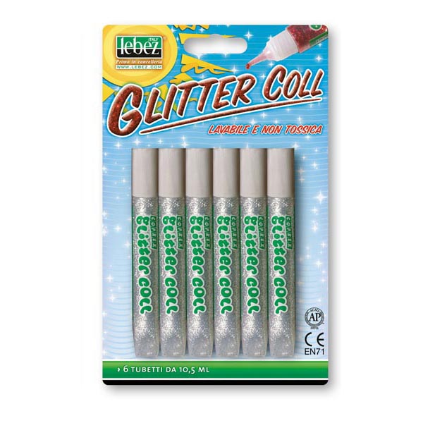 Colla glitter in tubi da 10,5 ml, con sei pezzi di colore argento. 8007509513125