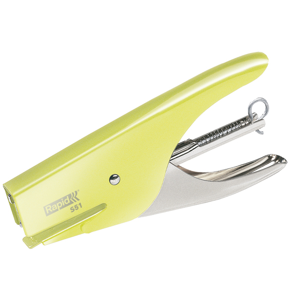 Immagine di una cucitrice a pinza, specificamente la versione Rapid S51 Supreme, con colore giallo mellow. Dettagli inclusi: capacità massima di 15 fogli, codice prodotto 5000510 e marchio Rapid. 4051661017261 | initpc.it