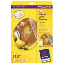 Etichette per CD in plastica bianca, senza toccare, con lato coprente e foro largo, Ø 117 mm, 2 etichette per foglio, laserabile, confezione da 25 fogli, marca Avery. 5014702109171 | initpc.it