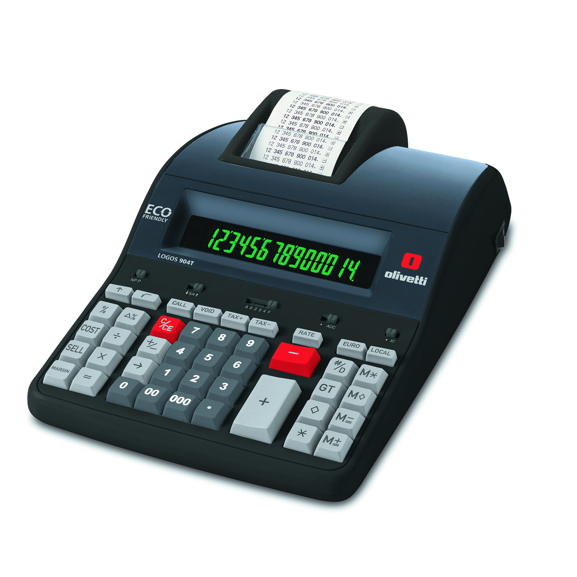 Calcolatrice scrivente da tavolo LOGOS 904T di marca Olivetti, con display LCD a 14 cifre in nero e velocità di elaborazione di 10 linee al secondo. 8020334312350 | initpc.it