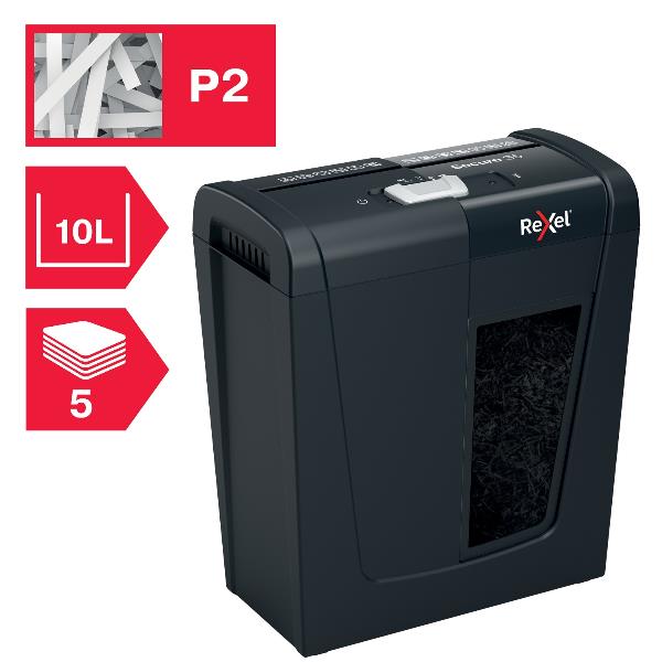 Immagine di un prodotto per la distruzione sicura dei documenti, con una scatola e un'attrezzatura per il taglio. Etichetta di fabbrica Rexel. 5028252615259 | initpc.it