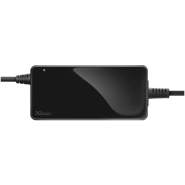 Alimentatore notebook 90W, caricabatteria universale per laptop, progettato da Trust, con uscita 19V e potenza di 90W, design compattabile in nero. 8713439221428 | initpc.it