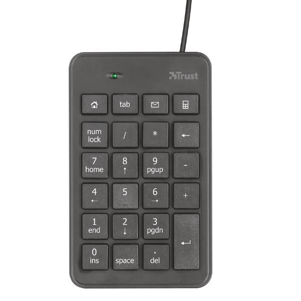 Tastiera numerica da 18 tasti in plastica, con connessione USB, per utilizzo quotidiano; prodotto della marca Trust. 8713439222210 | initpc.it