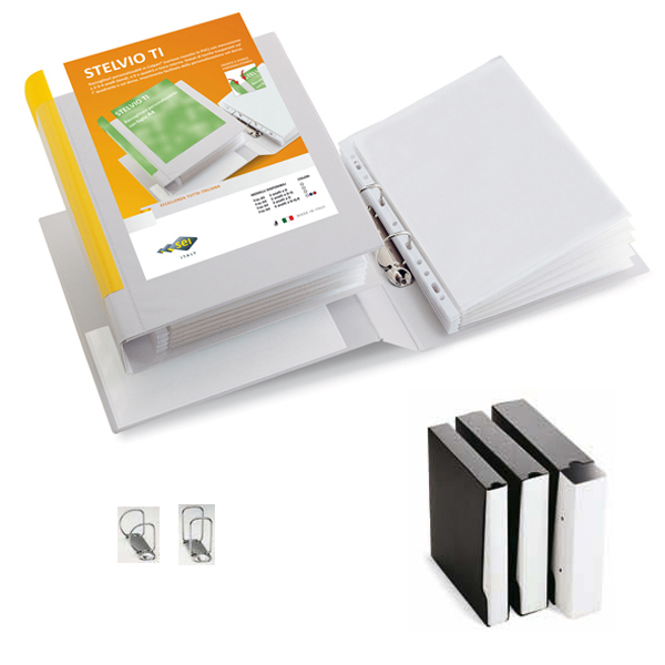 Raccoglitore personale Stelvio di alta qualità con sei rotelle per un uso quotidiano; misura A4 e due anelli con diametro di 40 mm; rivestimento bianco con dorso da 5,5 cm; codice articolo: 35404601, marchio Sei Rota. 8004972012391 | initpc.it