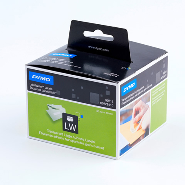 Rotolo di etichette per Dymo LabelWriter, dimensioni 89x36mm, trasparenza, contenente 260 etichette, ideali per etichettature estese. 5411313990134 | initpc.it