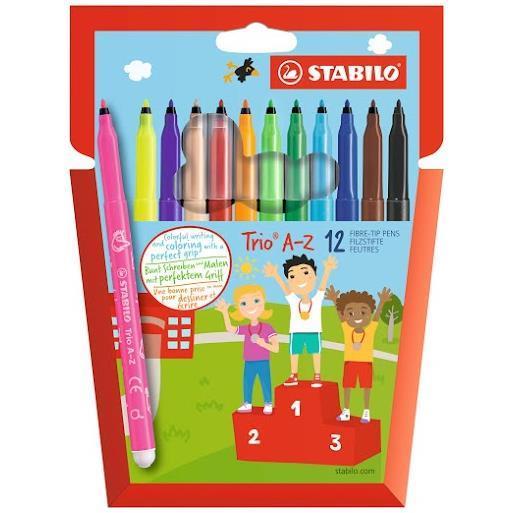 Immagine del pacchetto di pennarelli Stabilo Trio A-Z, contenente 12 pezzi con asse e punta trasparente, marca Stabilo. 4006381355629 | initpc.it