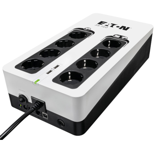 Altro dispositivo di continuità (UPS) da 700 VA con 420 Watt di potenza e 8 prese (AC) realizzato dalla nota azienda Eaton, ideale per garantire la stabilità della rete in caso di piccoli guasti o interruzioni del servizio elettrico. 0743172101761 | initpc.it
