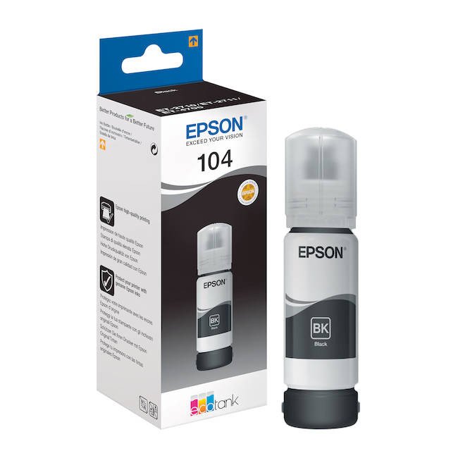 Inchiostro per stampante Epson EcoTank, 65ml, colore nero, compatibile con modelli Epson 104. 8715946655802 | initpc.it