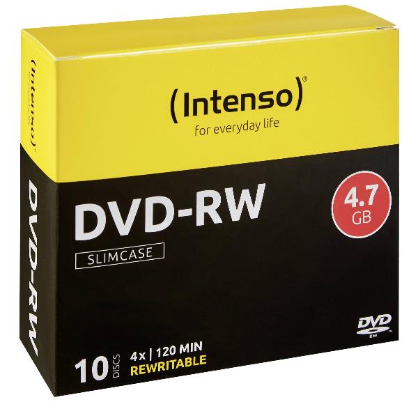 Dischi DVD RW da 4,7 GB, velocità di scrittura 4x, con case a forma sottile, marchio Intenso, confezione da 10 pezzi. 4034303006236 | initpc.it