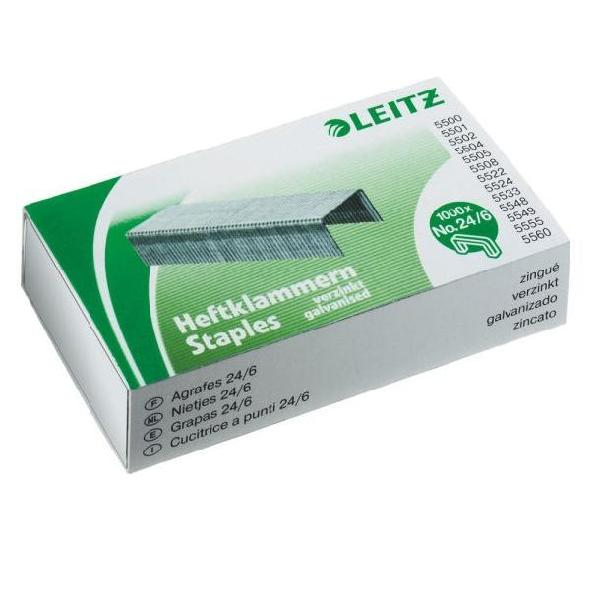 Scatola di punti metallici a 24/6, prodotta dalla marca Leitz, con un set di 1000 punti realizzati in metallo zincato. 4002432325085 | initpc.it