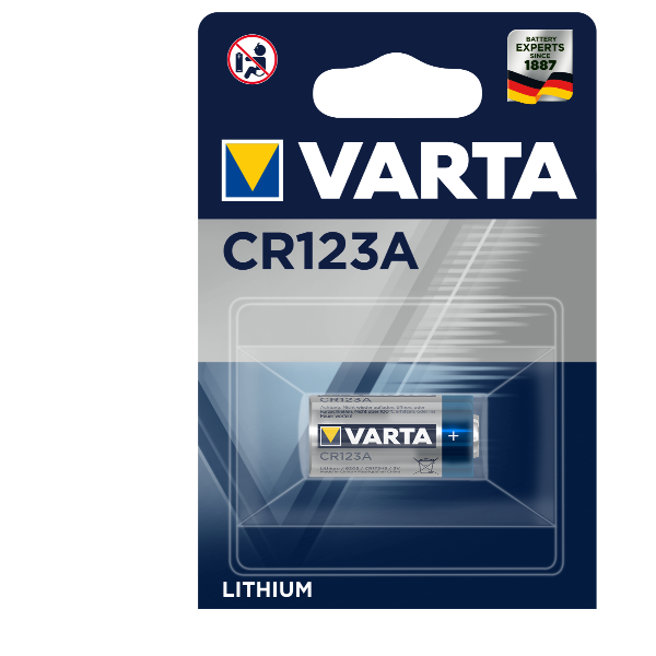 Batteria alcalina da emergenza CR 123A della marca Varta, utilizzata per dispositivi di illuminazione portatili e altre applicazioni. 4008496537280 | initpc.it