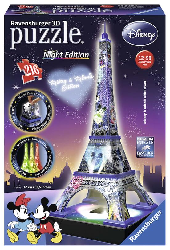 Disegno illustrato della Torre Eiffel di notte con la magia del Disney, creazione a puzzle da collezionare, marca Ravensburger. 4005556125203 | initpc.it
