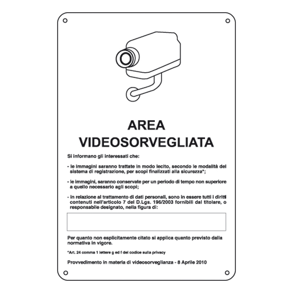 Cartello Alluminio 20x30cm 39 Area Videosorvegliata con Registrazione 39