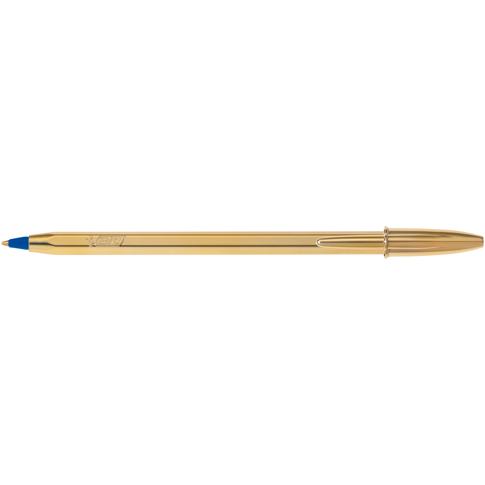 Immagine di un pennarellino Bic Cristal Shine con fusto in oro e punta metallica, colore della penna blu. Prodotto BIC. 3086123356122 | initpc.it