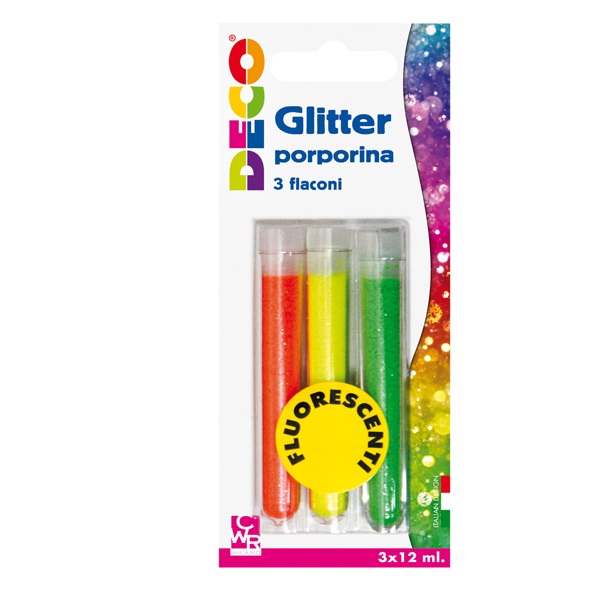 Blister Glitter 3 Flaconi Grana Fine 12ml Colori Assortiti Fluo Deco 11591 8004957115918