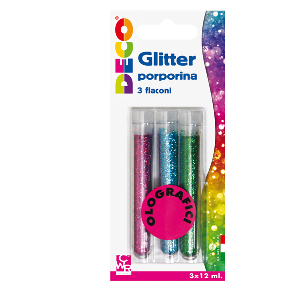Blister Glitter 3 Flaconi Grana Fine 12ml Colori Assortiti Olografici Deco 11592 8004957115925