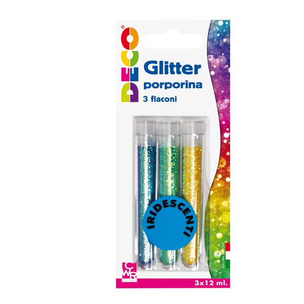 Blister Glitter 3 Flaconi Grana Fine 12ml Colori Assortiti Iridescenti Deco 11593 8004957115932