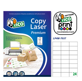 Etichette laser premium da stampare su carta bianca, dimensione 70x37 mm, senza margini, marca TICO Copy Laser. 8007827290227 | initpc.it