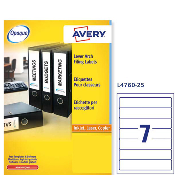 Etichette adesive stampabili Avery bianche 192x38 mm, 5 pezzi per raccoglitori con dorso recidivo, compatibili con i modelli di stampanti laser e contenuto in 25 fogli 4004182019238 | initpc.it