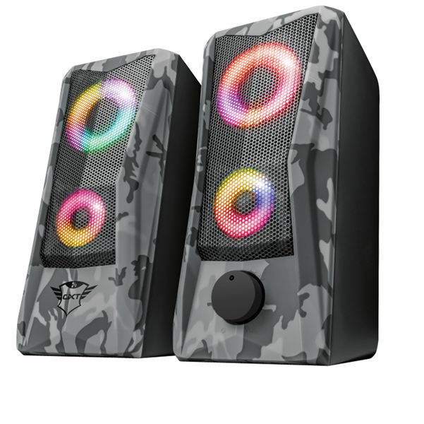 Set di altoparlanti gaming Trust GXT 606 Javv, dotati di tecnologia LED RGB per un'esperienza audio immersiva e design mimetico grigio adatto a tutti gli ambienti. 8713439233797 | initpc.it