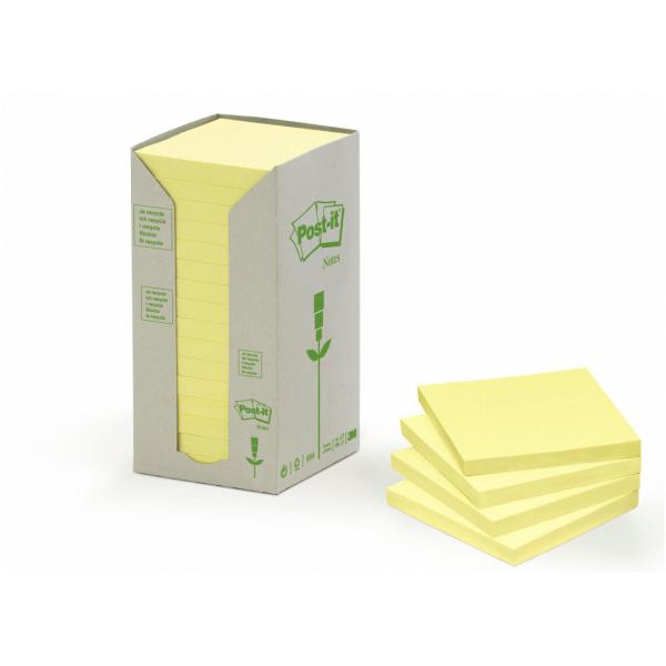Immagine di una torre in cartone postale gialla, con ogni livello contenente un blocco di fogli Post-it da 76x76 mm, realizzati con carta riciclata. Ogni blocco contiene 100 fogli e la torre in generale è composta da 16 blocchi. 4046719100651 | initpc.it