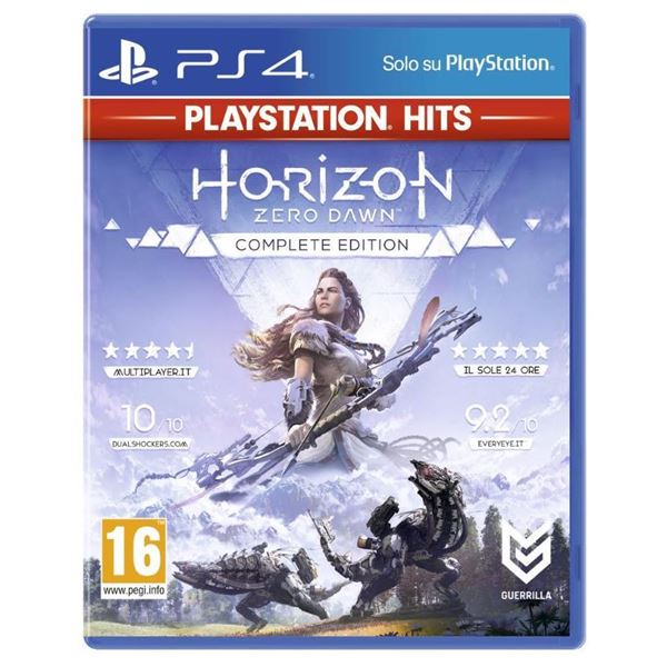 Consolle di gioco PlayStation 4, con il logo di Horizon Zero Dawn e la scritta 'Hits' per indicare un titolo popolare della console. 0711719706410 | initpc.it