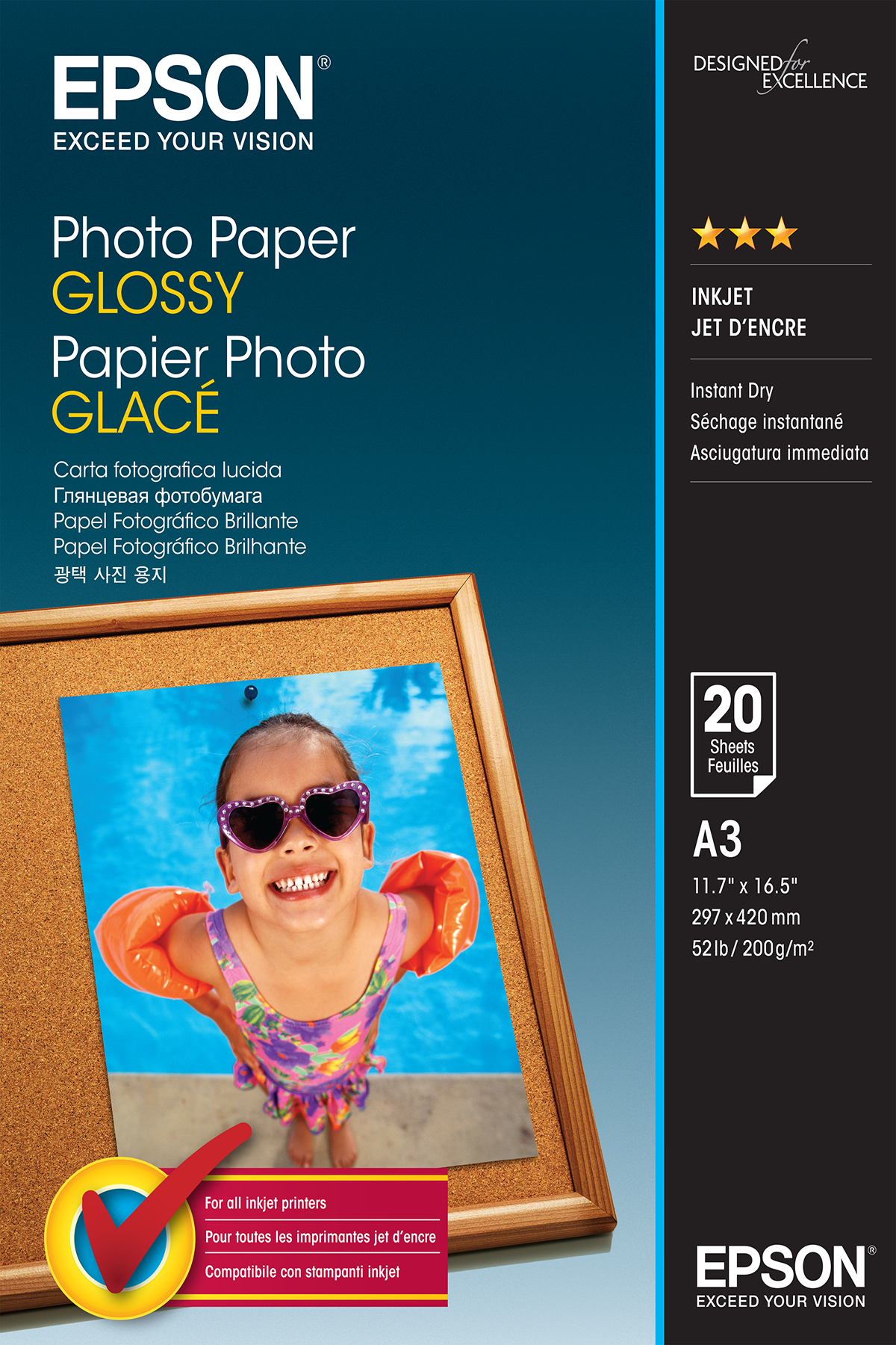 Carta fotografica lucida A3 da Epson, 20 fogli, per stampare immagini con qualità ottimale. 8715946529219 | initpc.it