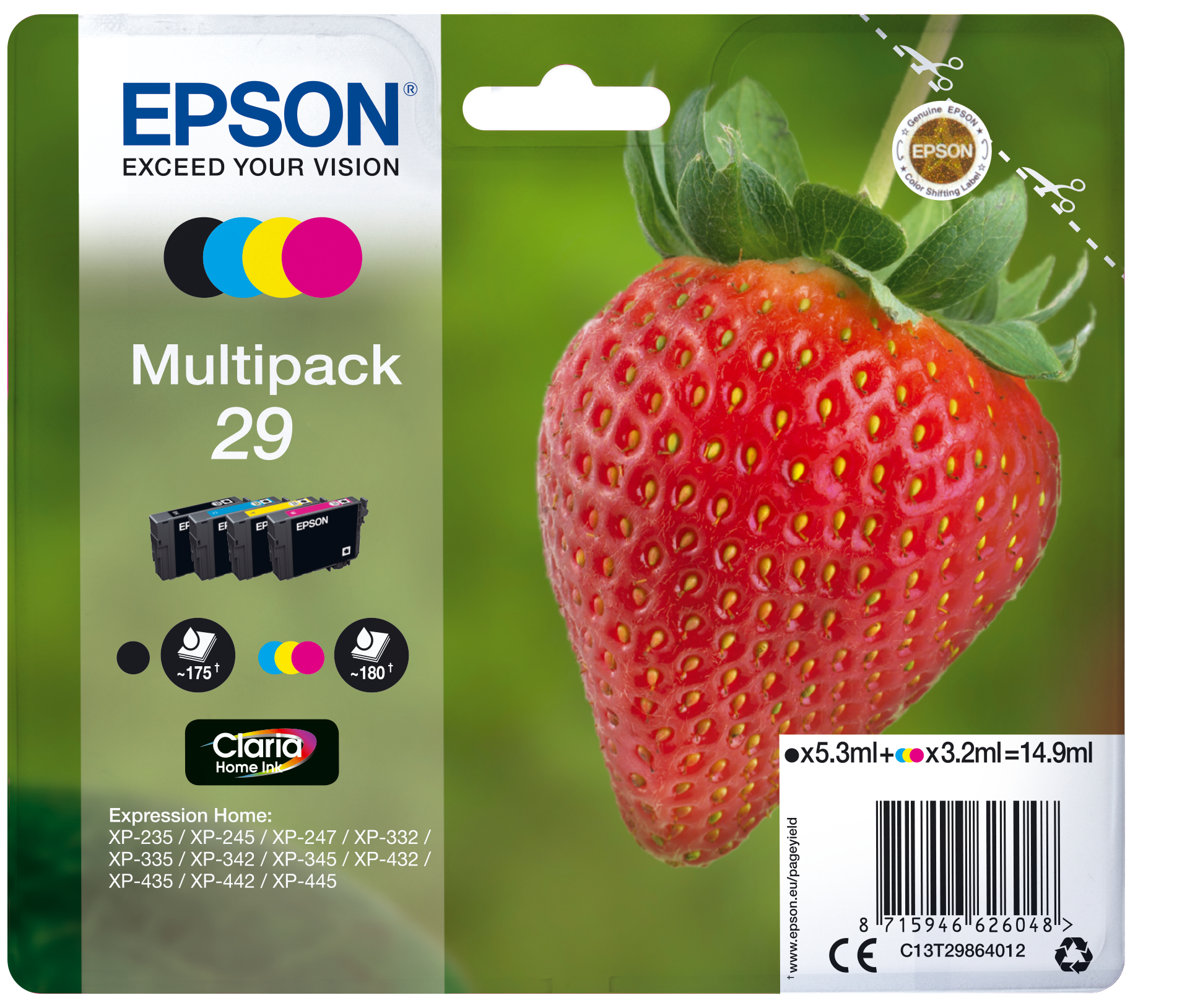 Multipack cartucce inchiostro Epson, contenente 4 cartucce da 4 colori (nero, ciano, magenta e giallo) per stampante inkjet T29, con il numero di articolo C13T29864012 8715946626048 | initpc.it