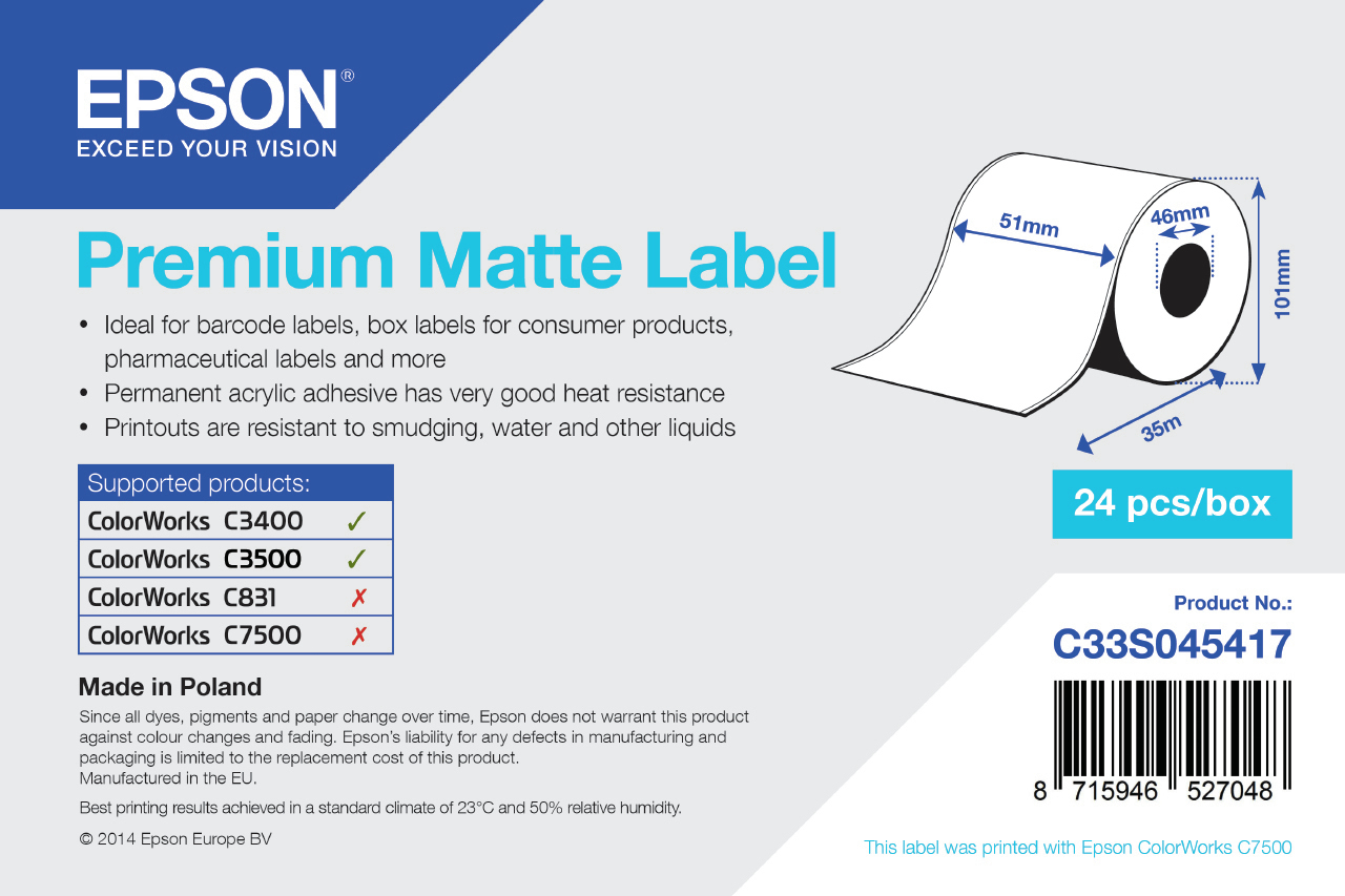 1roll Premium Matte Label Cont Epson Bs Label Consumables U4 C33s045417 8715946527048