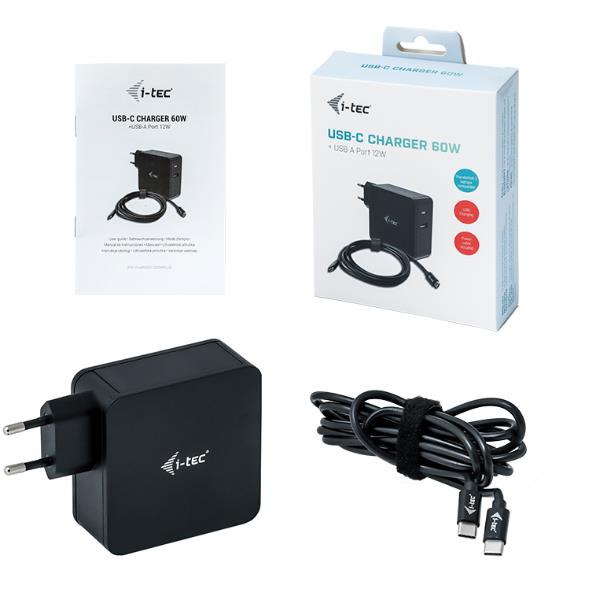 Caricatore per dispositivi di ultima generazione, compatto e potente. Due uscite: una da 60W USB-C per caricare rapidamente laptop e smartphone con tecnologia Power Delivery (PD) e un'uscita da 12W USB-A per caricare accessori e dispositivi minori. Prodotto affidabile della marca I-Tec. 8595611702716 | initpc.it