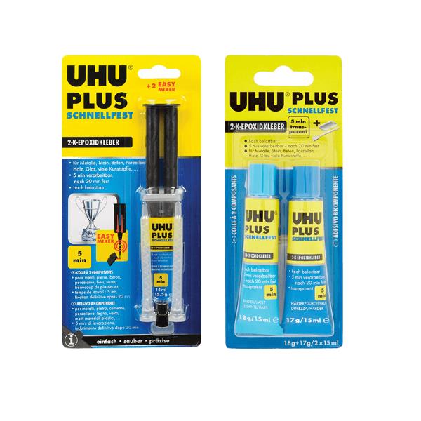 Adesivo rapido UHU Plus a 5 minuti, colore blu, con due piccoli flaconi da 15 ml ognuno, marca UHU. 4026700457001 | initpc.it