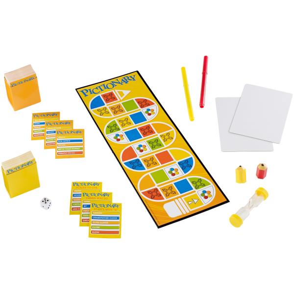 Immagine del gioco di carte Pictionary di Mattel, con disegni e simboli su un tavolo da gioco, pronto per essere giocato con amici e familiari. 0887961324747 | initpc.it