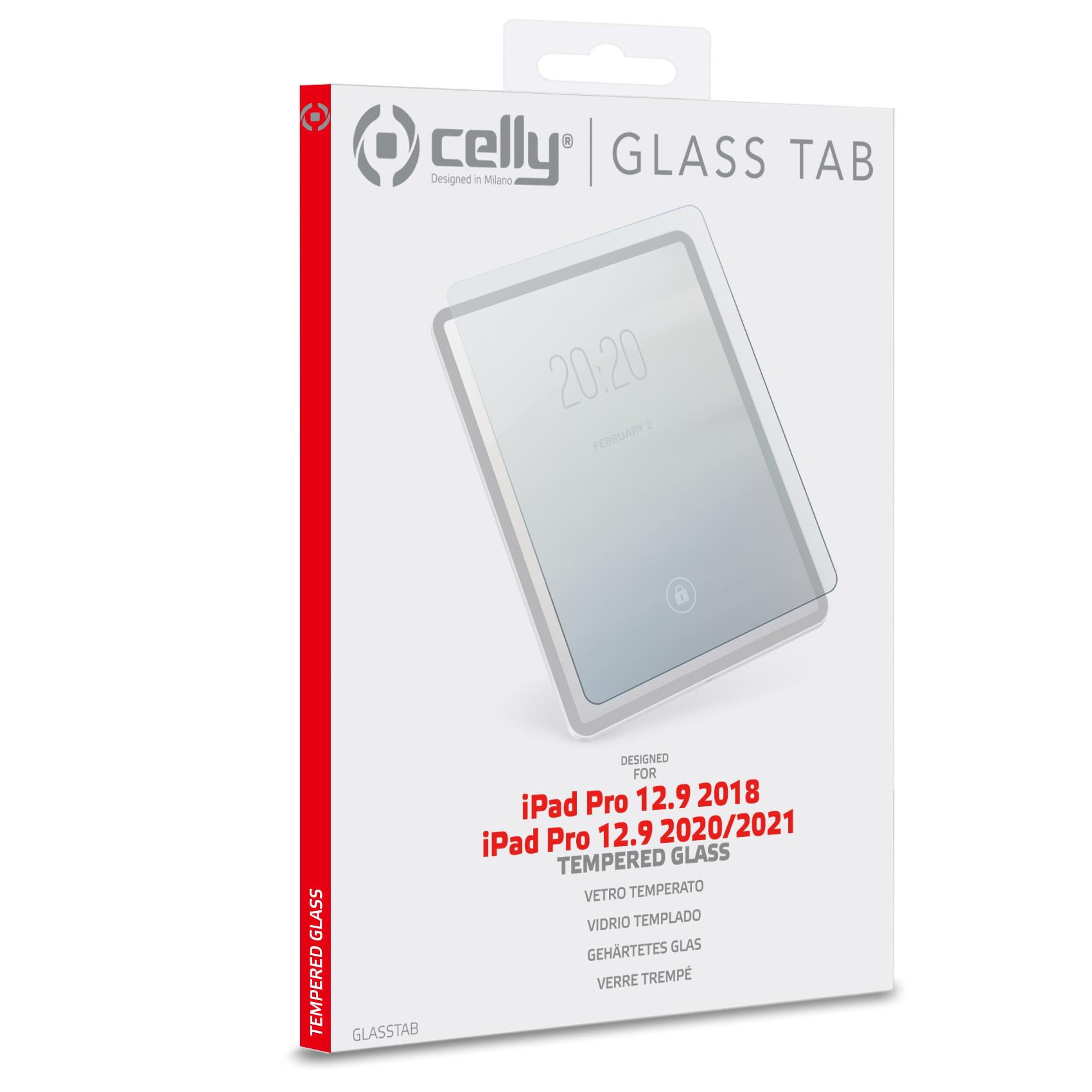 Copertura protettiva in vetro per iPad Pro 12,9 pollici, compatibile con modelli 18,20 e 21, prodotta da Celly, materiale resistente e trasparente per proteggere lo schermo del dispositivo. 8021735189862 | initpc.it