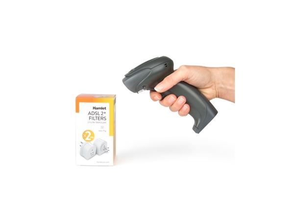 Barcode scanner laser 1D wireless, marca Hamlet. Dispositivo portatile per la scansione dei codici a barre senza fili. 8000130592668 | initpc.it