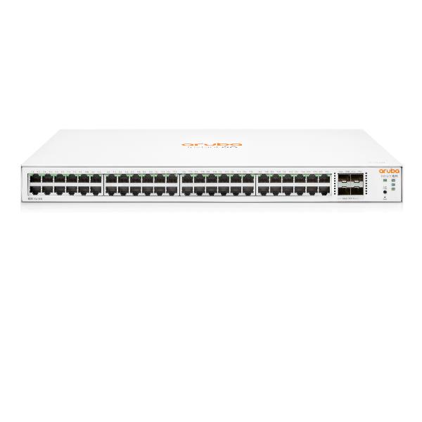 Immagine di un modello di switch Hewlett Packard Enterprise Aruba, specificamente l'Aruba ION 1830 48G 4SFP 370W SW, con una porta per ciascun dei quattro SFP. Questo prodotto è progettato per fornire alta capacità e flessibilità ai sistemi di rete. 0190017524429 | initpc.it