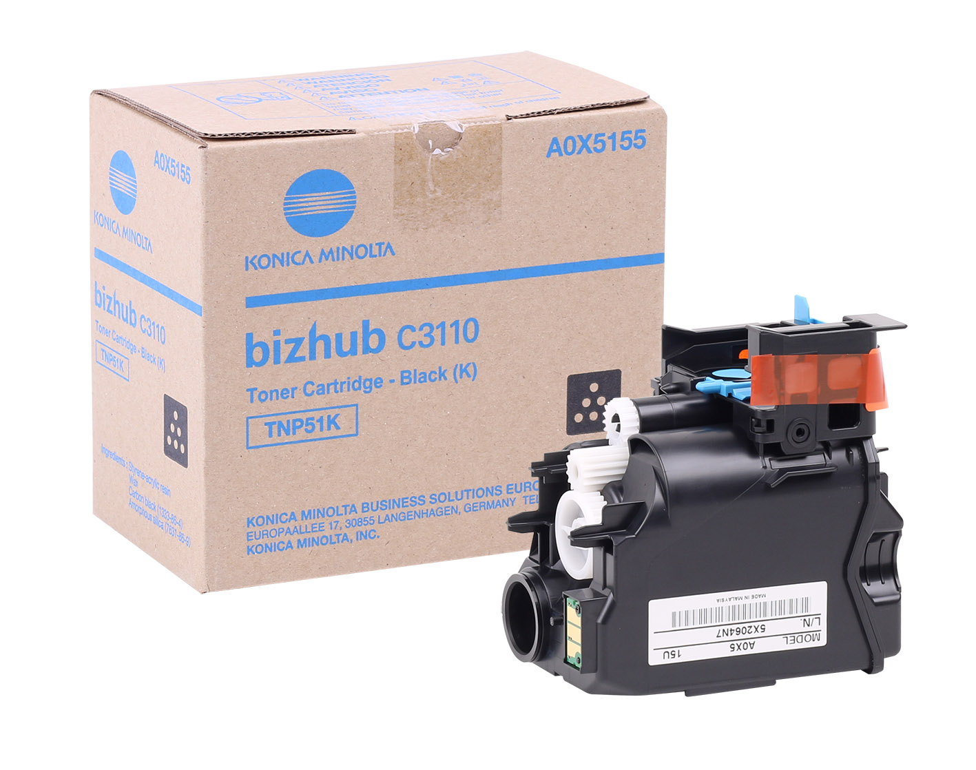 Imballo del toner nero per la stampante multifunzione Konica Minolta Bizhub C3110, con una buona qualità e durata. 0039281059643 | initpc.it