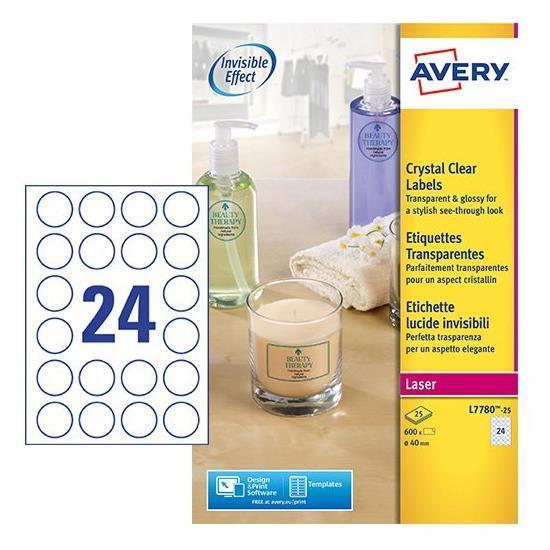 Etichette lucide in poliestere trasparente, tonde con diametro di 40mm, prodotte da Avery, con 24 etichette per foglio e compatibili con stampante laser. 4004182252628 | initpc.it