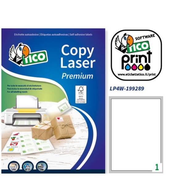 CF100ETIC TICO LASER BIANC199X289 Etichette bianche con angoli arrotondati per la stampa laser, formato 199x289 mm, 1 etichetta per foglio, confezione da 100 fogli LP4W-199289 del marchio Tico 8007827290357 | initpc.it