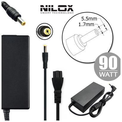 Adattatore di alimentazione per notebook Acer, tensione 19V, corrente 4,74A, connettore 5,5mm x 1,7mm, prodotto della marca Nilox. 8059616337118 | initpc.it