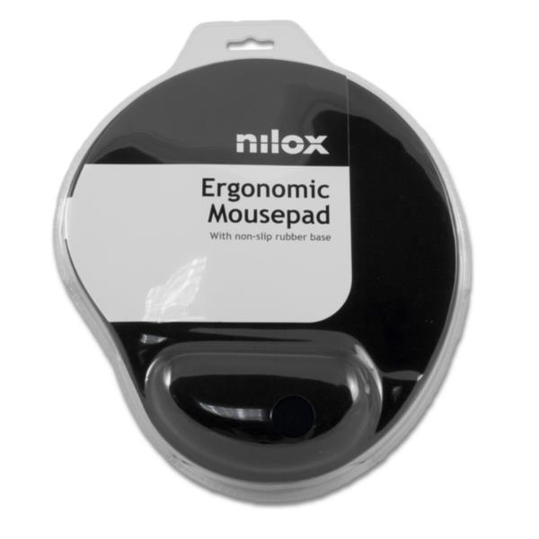 Mousepad ergonomico in plastica nera di alta qualità della marca Nilox, progettato per offrire comfort e precisione durante la navigazione su computer. 8436556141638 | initpc.it