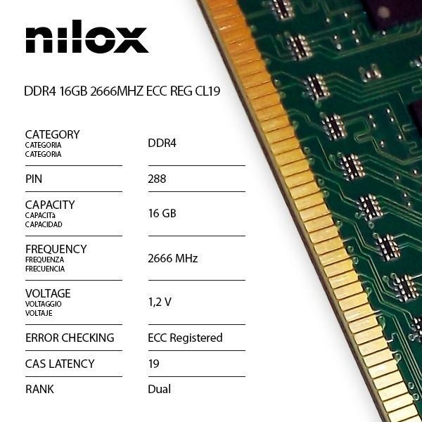 RAM DDR4 da 16 GB a 2666 MHz con tecnologia ECC e risposta dei tempi di accesso CL19, prodotta da Nilox. 5050914081386 | initpc.it