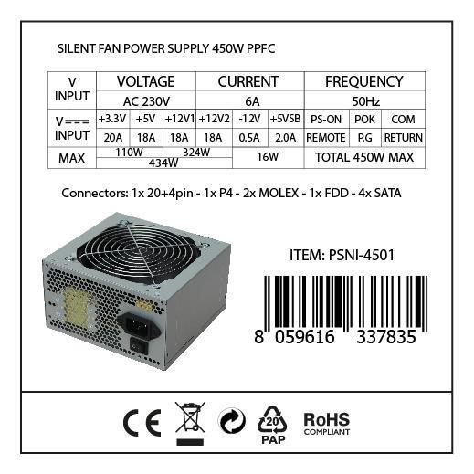 Alimentatore di potenza ATX silenzioso 450W, marchio Nilox, alimenta dispositivi con elevate prestazioni in modo flessibile e senza rumore. 8059616337835 | initpc.it