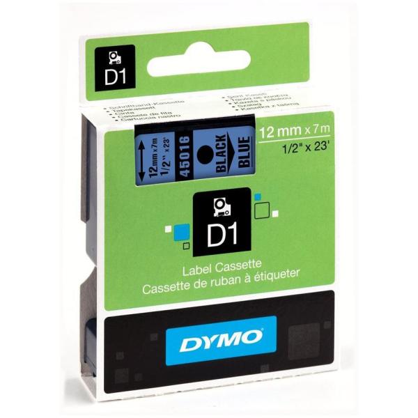 Nastro per etichettatrici Dymo, compatibile con la serie D1, larghezza 12mm, lunghezza 7m, colore nero/blu. 5411313450164 | initpc.it