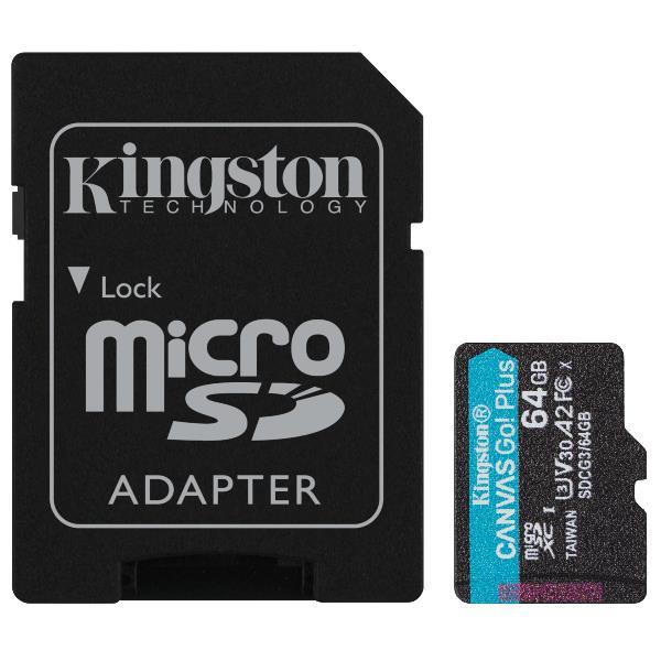 Micro SDXC Canvas Go Plus, 64 GB di capacità, marchio Kingston, memoria esterna per smartphone e tablet. 0740617301045 | initpc.it