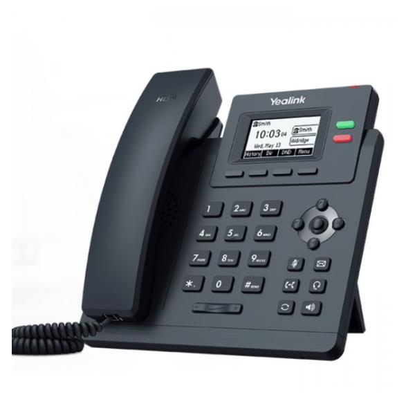 Immagine del telefono IP Yealink SIP-T31G, modello con 2 porte SIP e connettività PoE, compatto e adatto per l'uso quotidiano in ambienti di lavoro. 6938818306059 | initpc.it