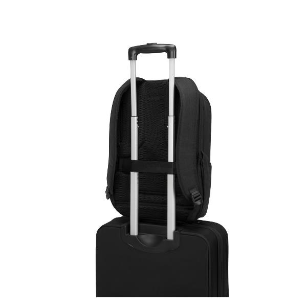 Backpack in pelle sintetica e tessuto eco-friendly, colore nero, compatibile con computer fino a 15,6 pollici, marchio Targus. 5051794029727 | initpc.it