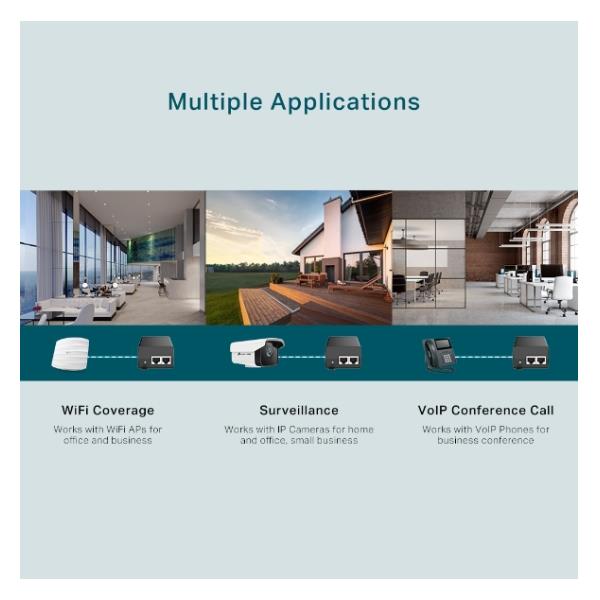 Injectore POE+ IEEE 802.3af/at di alta qualità della marca TP-LINK, progettato per fornire alimentazione elettrica sicura a dispositivi POE compatibili. 6935364073084 | initpc.it