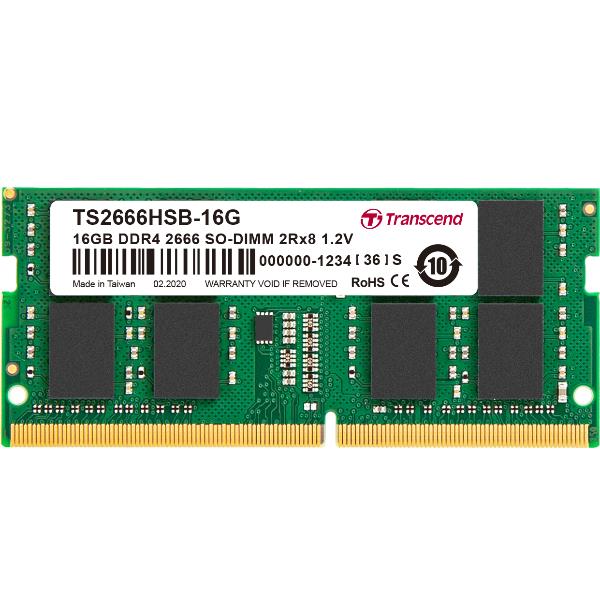 Memoria RAM DDR4 da 16 GB, velocità 2666 MHz, forma SO-DIMM 2RX8, tensione 1.2V, marchio Transcend. 0760557846833 | initpc.it